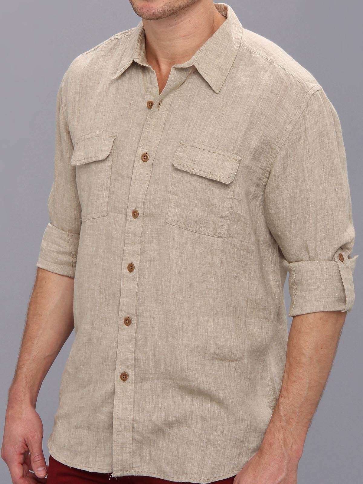 Cotton and Linen Plain Color Workwear Long Sleeve Shirt