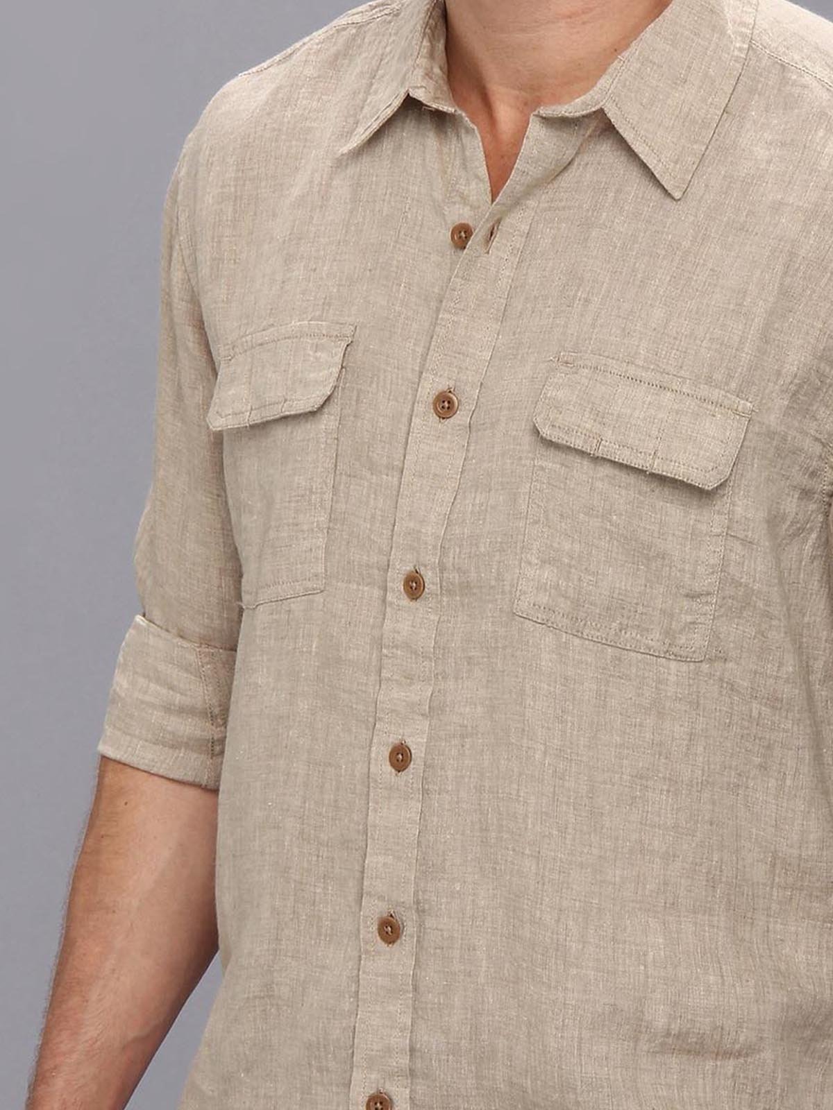 Cotton and Linen Plain Color Workwear Long Sleeve Shirt