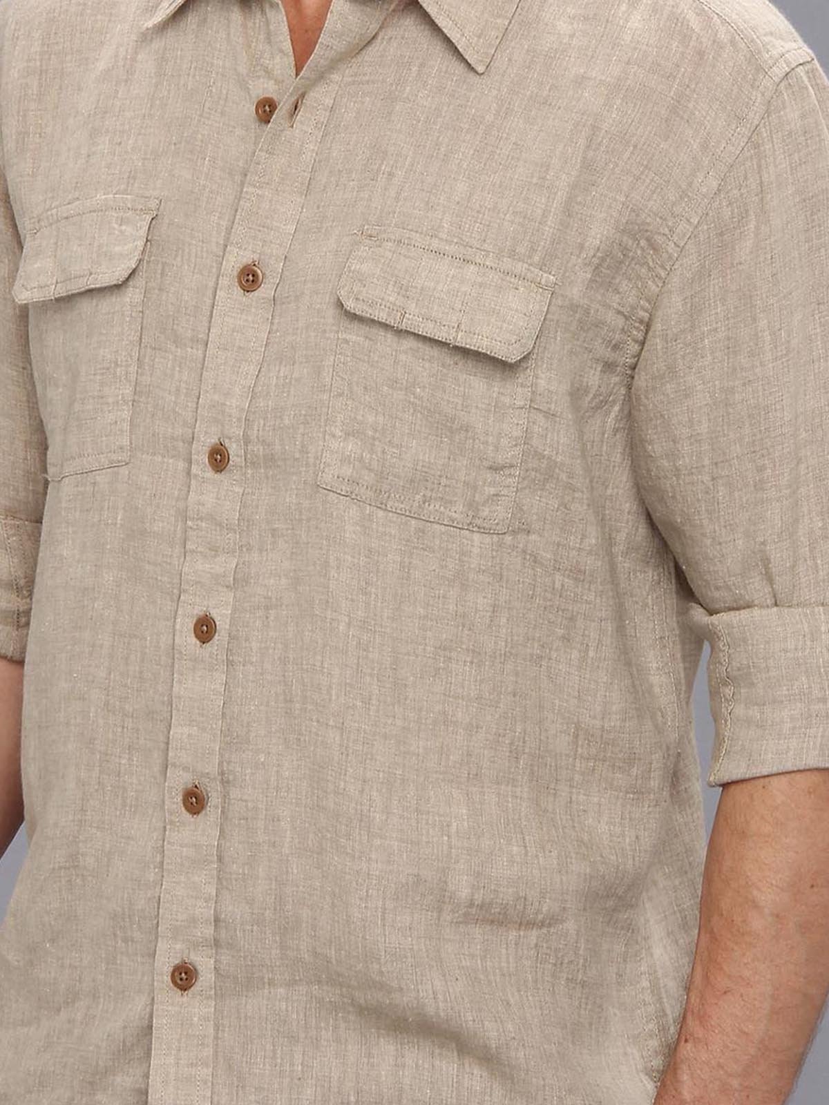 Cotton and Linen Plain Color Workwear Long Sleeve Shirt