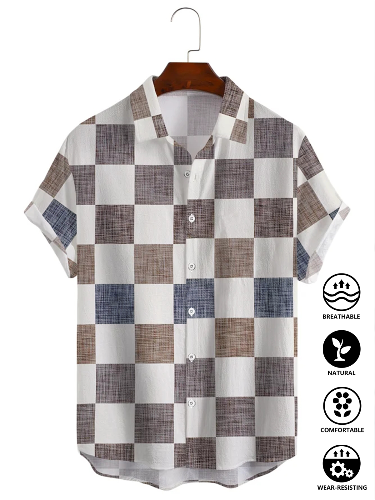 Cotton and linen printed plaid style geometry comfortable linen shirts with short sleeves