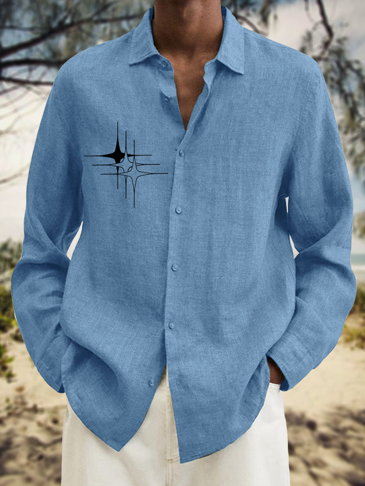 Colorblock Stripe Short Sleeve Shirt Cotton Linen Star Solid Long Sleeve Shirt