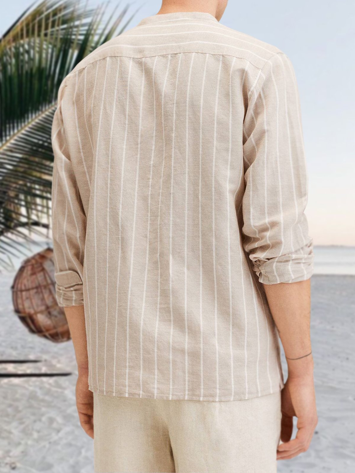 Men's Striped Stand Collar Half Open Long Sleeve Shirt