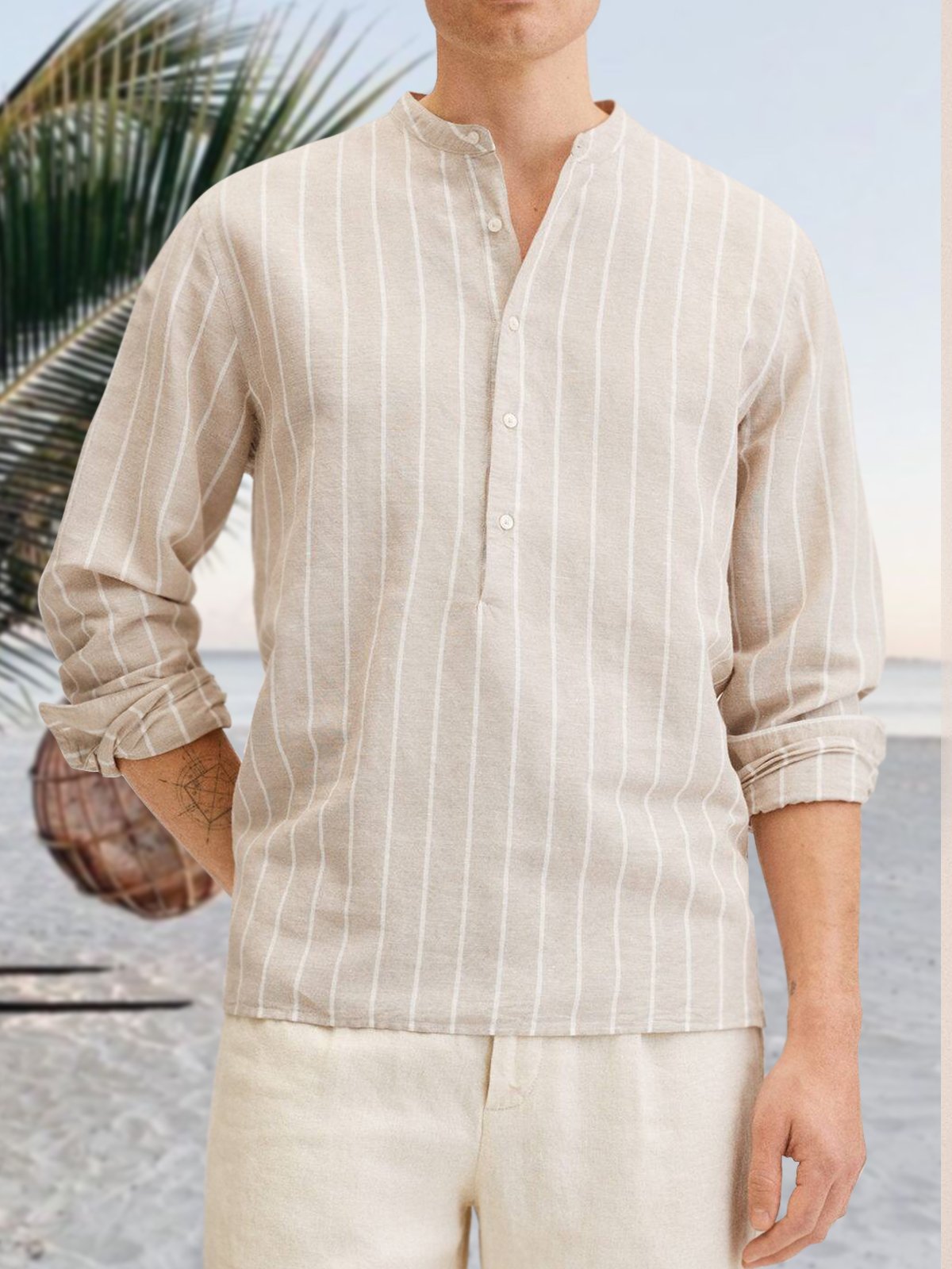 Men's Striped Stand Collar Half Open Long Sleeve Shirt