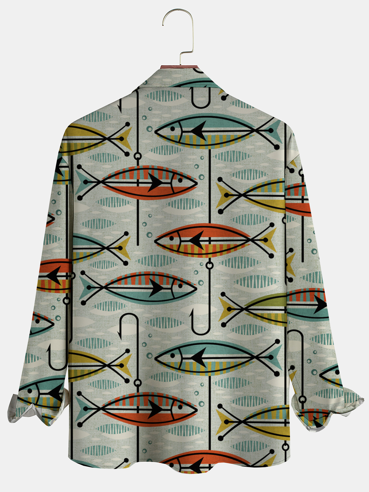 Casual Art Collection Mid-Century Retro Striped Geometric Color Block Fish Pattern Lapel Long Sleeve Chest Pocket Print Shirt Top