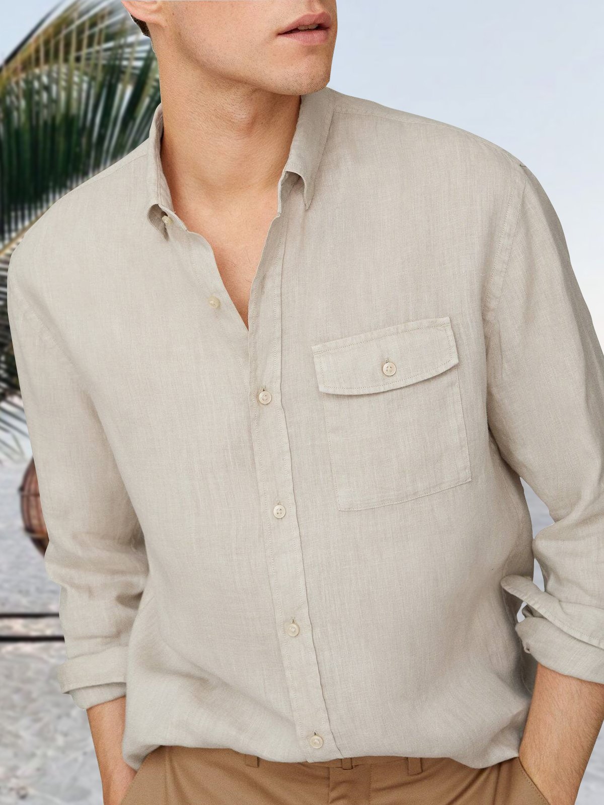 Men's Pocket Cotton Linen Long Sleeve Shirt
