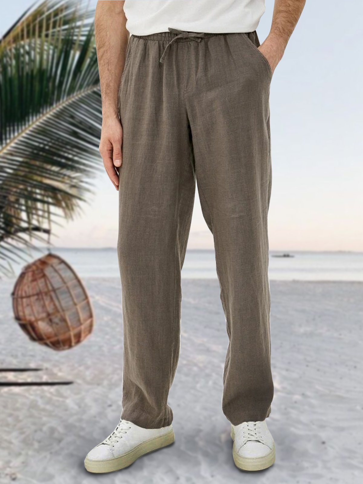 Men's Cotton Linen Elastic Waist Casual Trousers