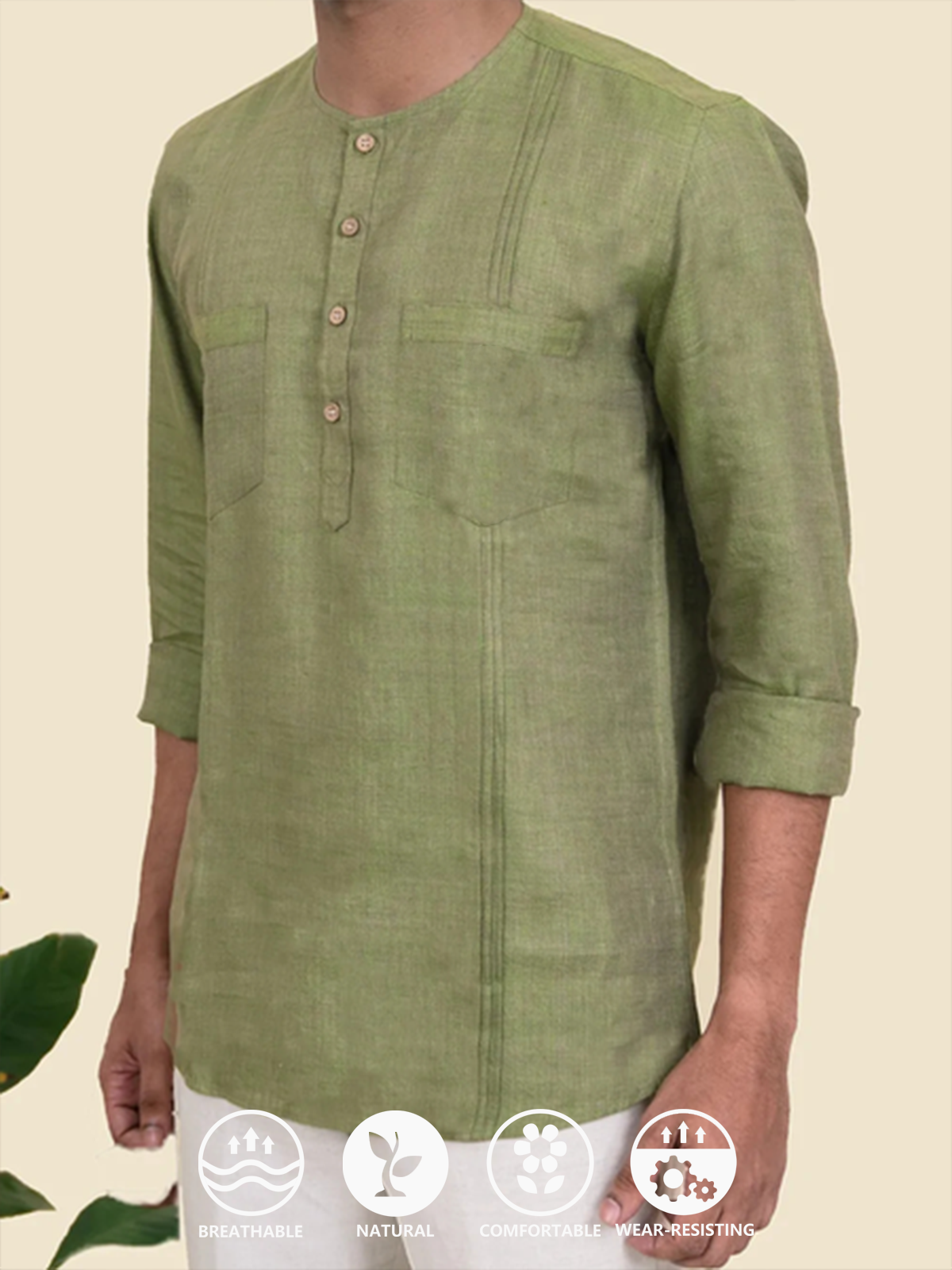 Cotton linen style American casual stand collar folded cotton linen Long Sleeve Shirt