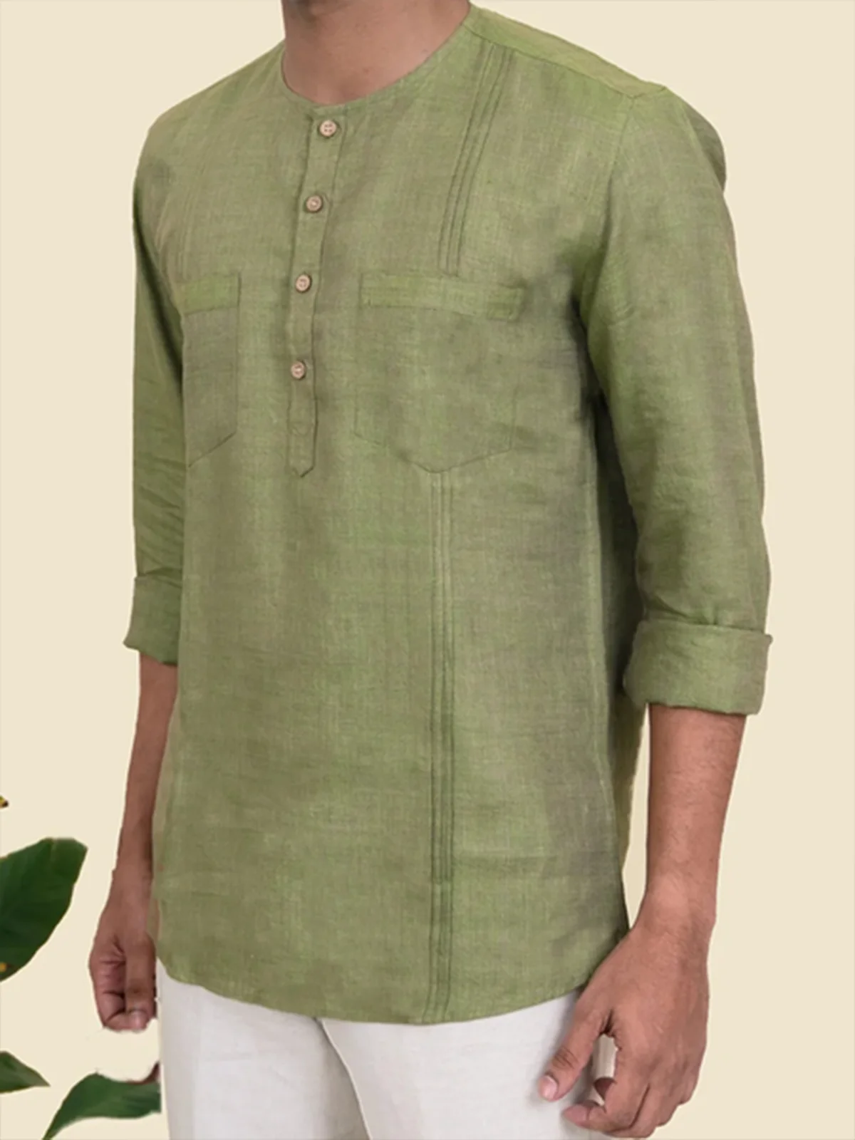 Cotton linen style American casual stand collar folded cotton linen Long Sleeve Shirt