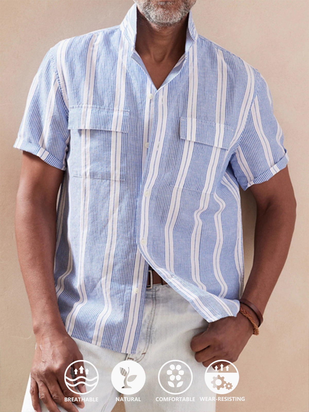 Cotton linen style American casual Lapel stripe cotton linen Long Sleeve Shirt