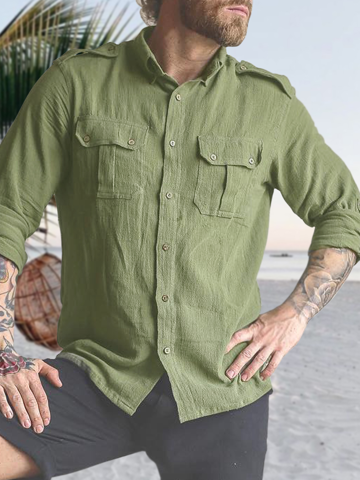 Men's Cotton Linen Style Work Pocket Long Sleeve Shirt