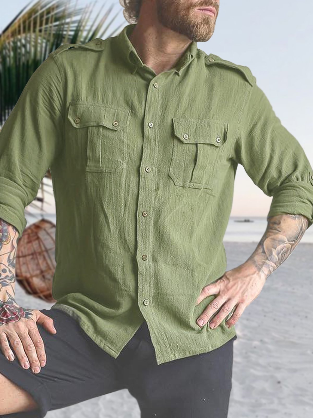 Men's Cotton Linen Style Work Pocket Long Sleeve Shirt