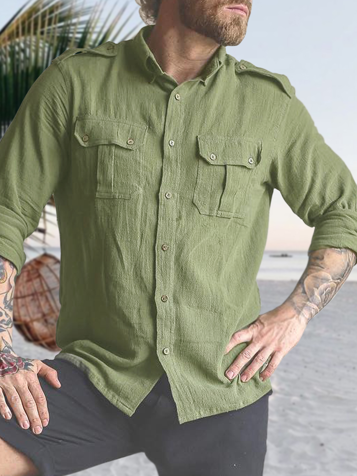 Men's Cotton Linen Style Work Pocket Long Sleeve Shirt