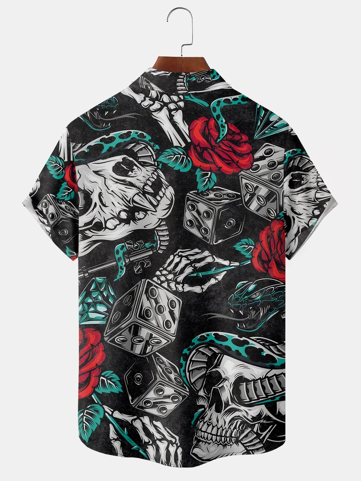 Mens Skull Print Front Buttons Soft Breathable Chest Pocket Casual Hawaiian Shirt