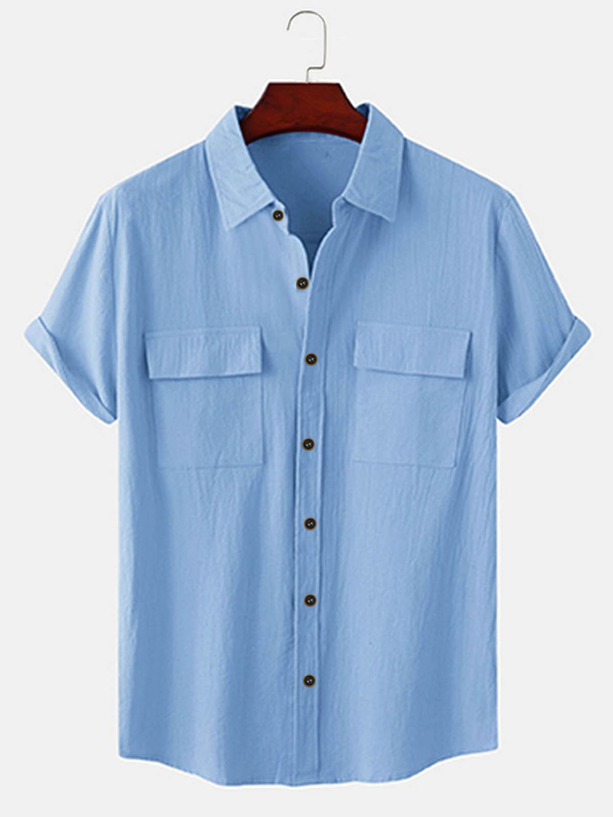 Mens Solid Casual Linen Square Neck Short Sleeve Shirt