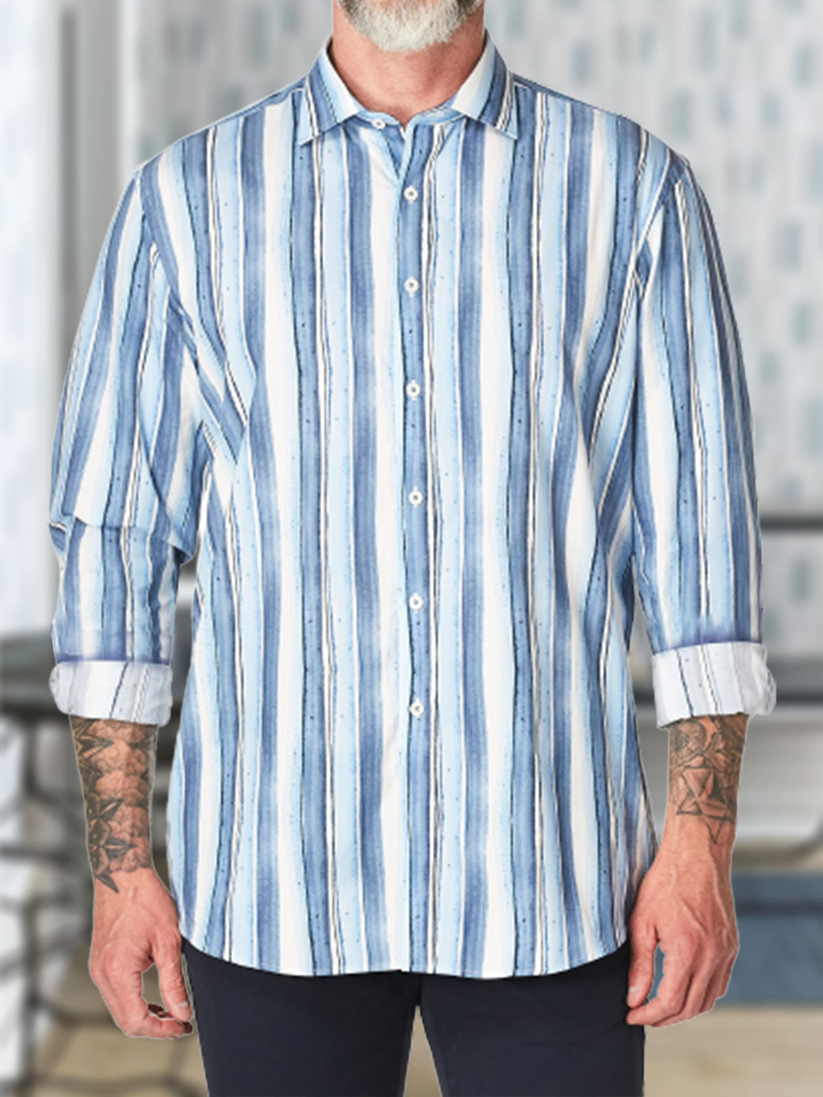 Cotton and linen American casual style stripes flax long sleeve Shirt