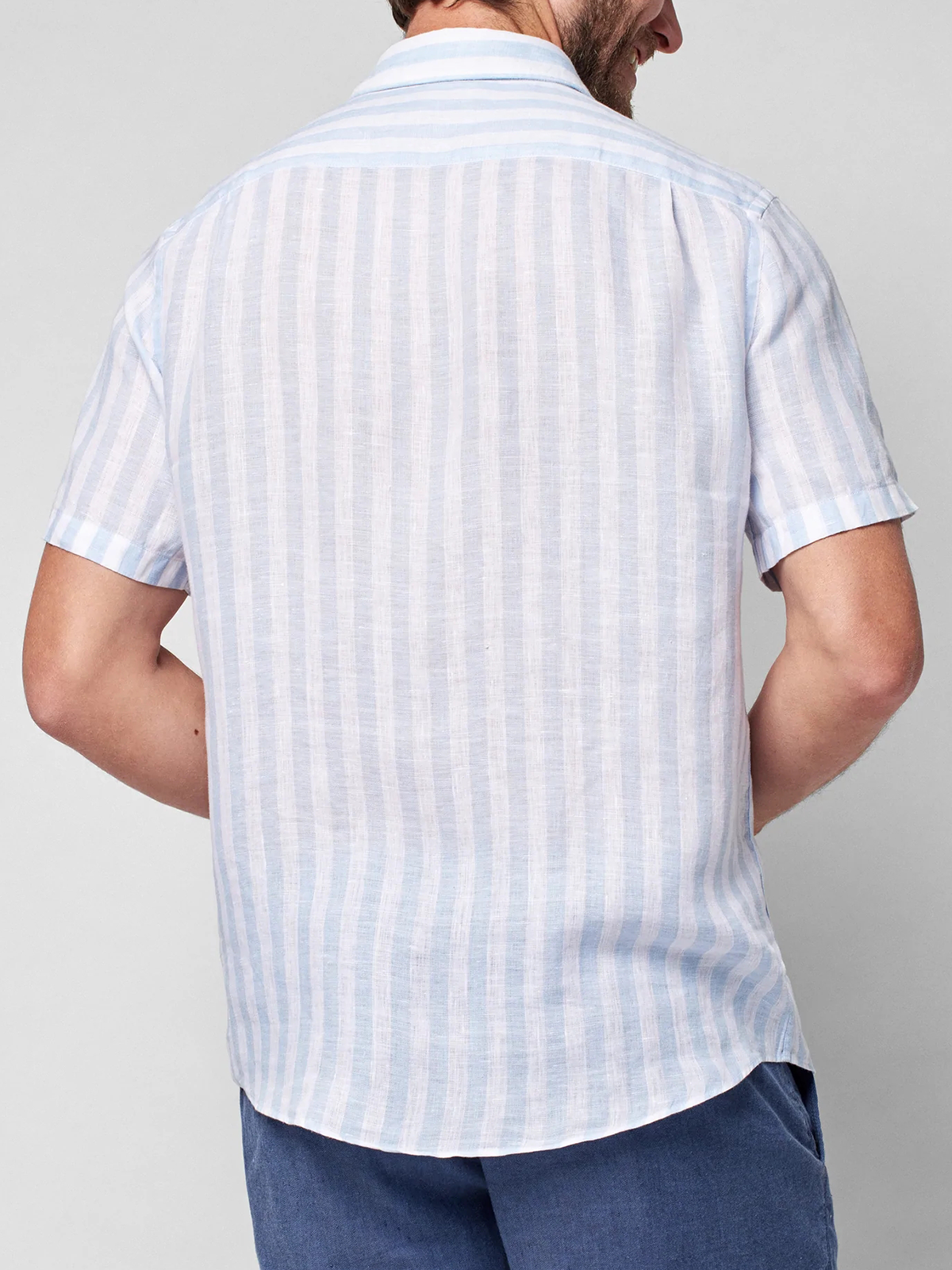 Cotton and linen American casual style stripes linen Shirt with short sleeves