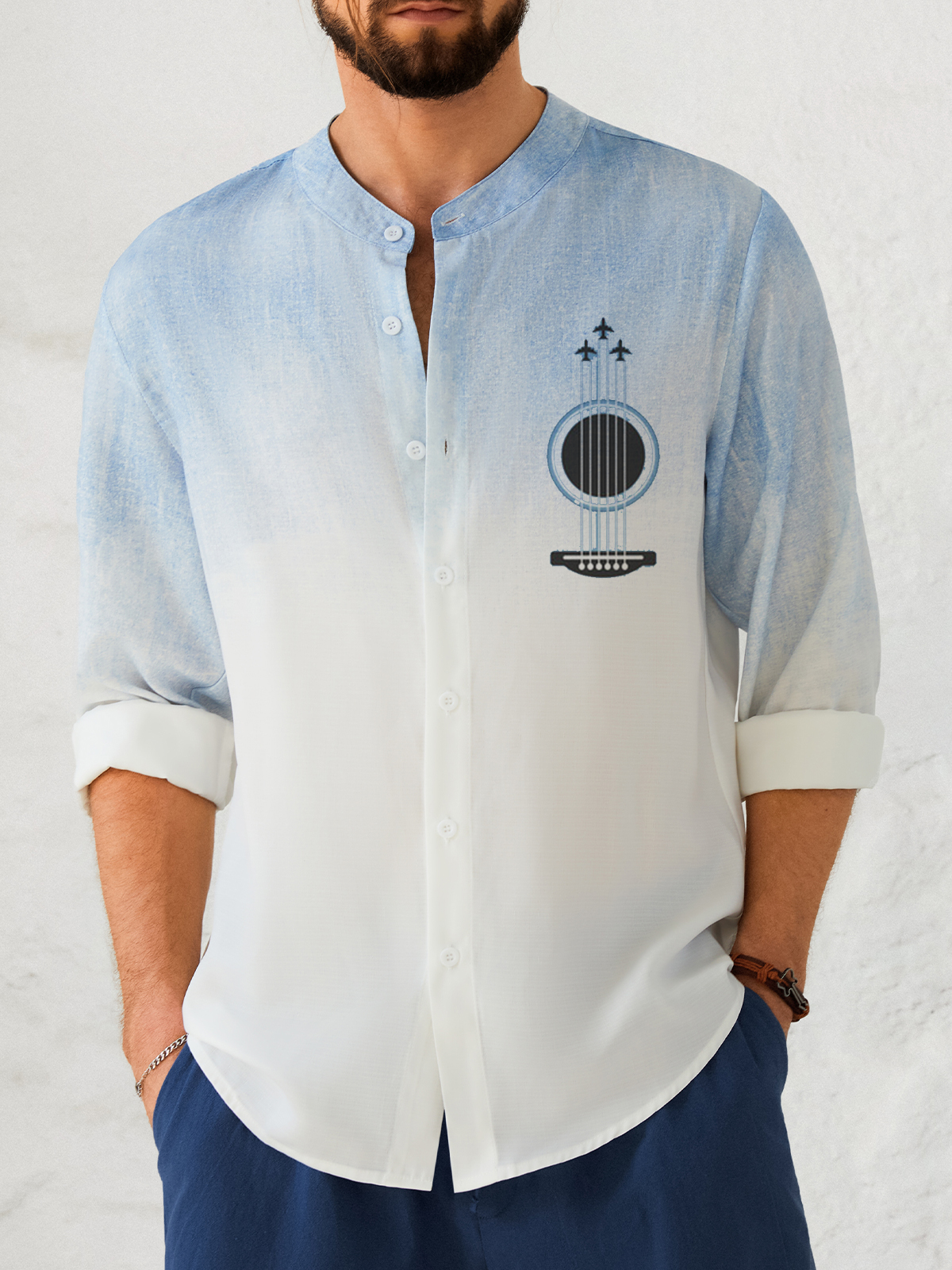 Cotton and linen style lie fallow gradient guitar printing flax long sleeve Shirt
