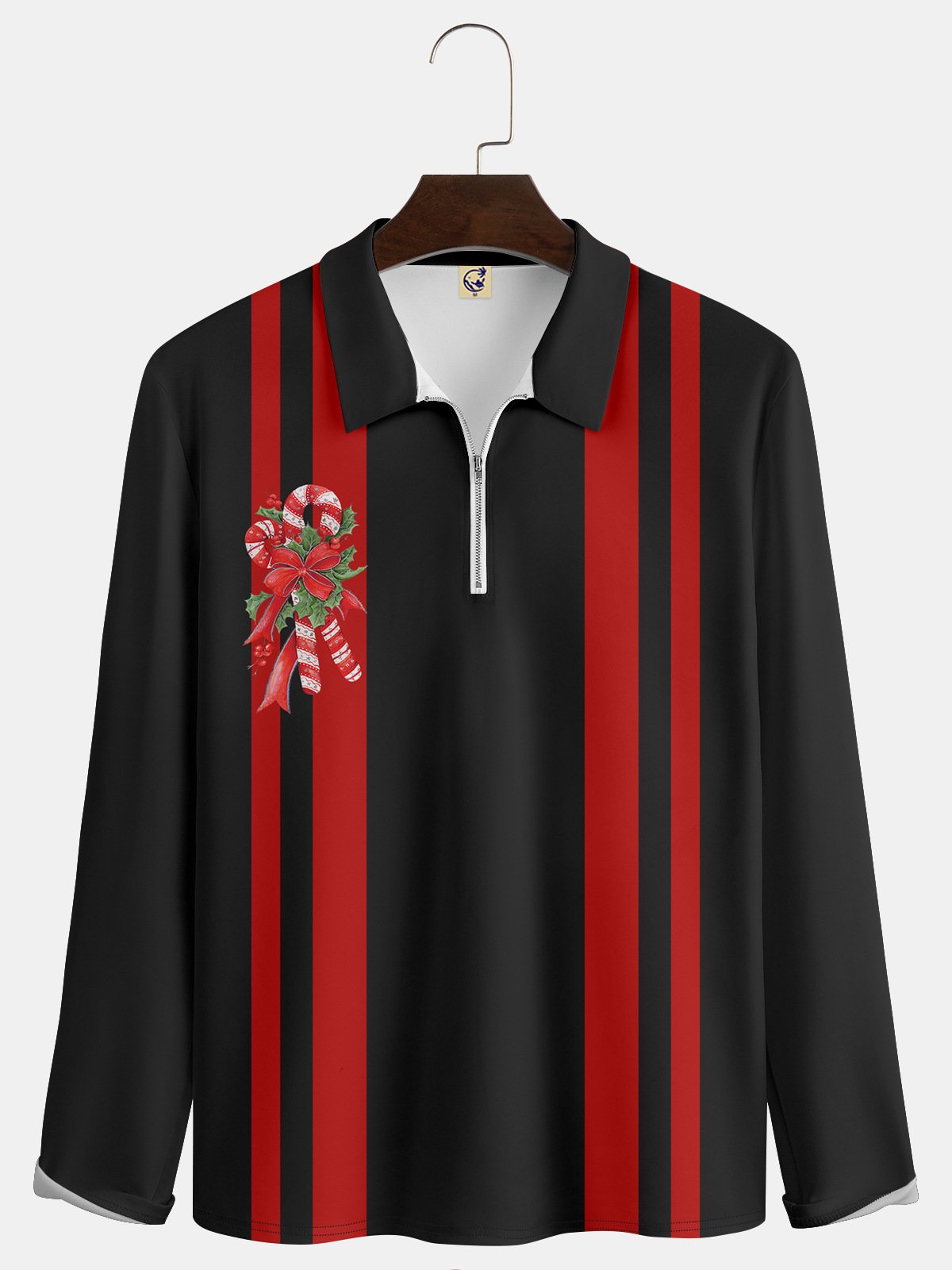 Casual Festive Collection Christmas Striped Geometric Color Block Candy Cane Pattern Lapel Zip Long Sleeve Print Polo Shirt