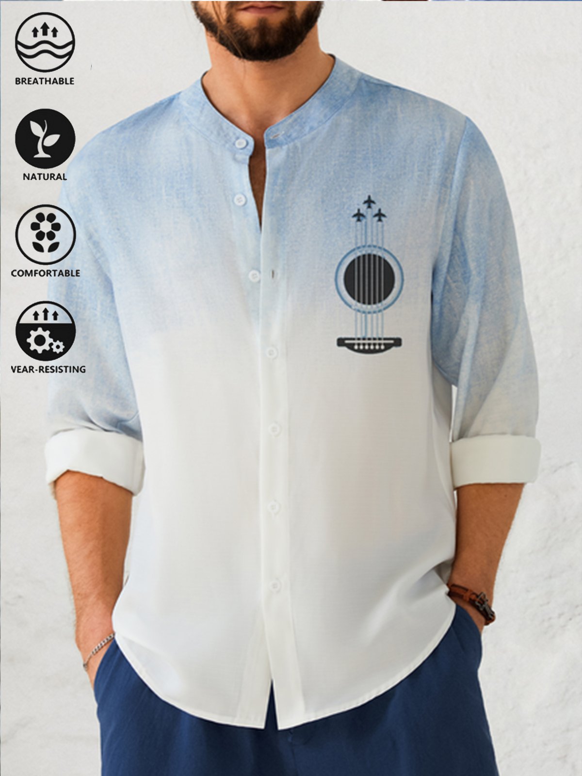 Cotton and linen style lie fallow gradient guitar printing flax long sleeve Shirt