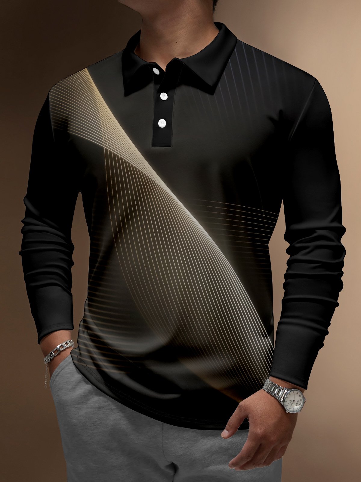 Casual Art Collection 3D Gradient Striped Geometric Block Pattern Lapel Button Long Sleeve Print Polo Shirt