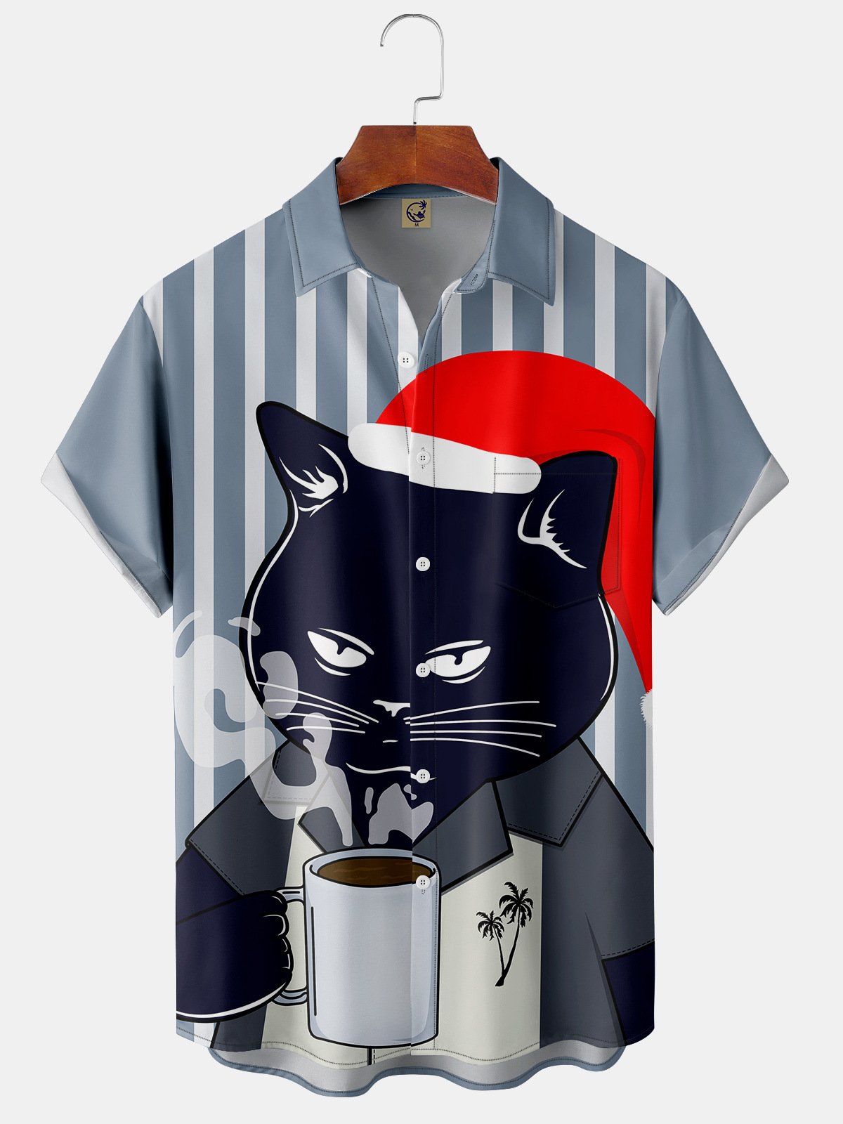 Men's Vintage Christmas Fun Cat Print Fashion Hawaiian Short Sleeve Shirt
