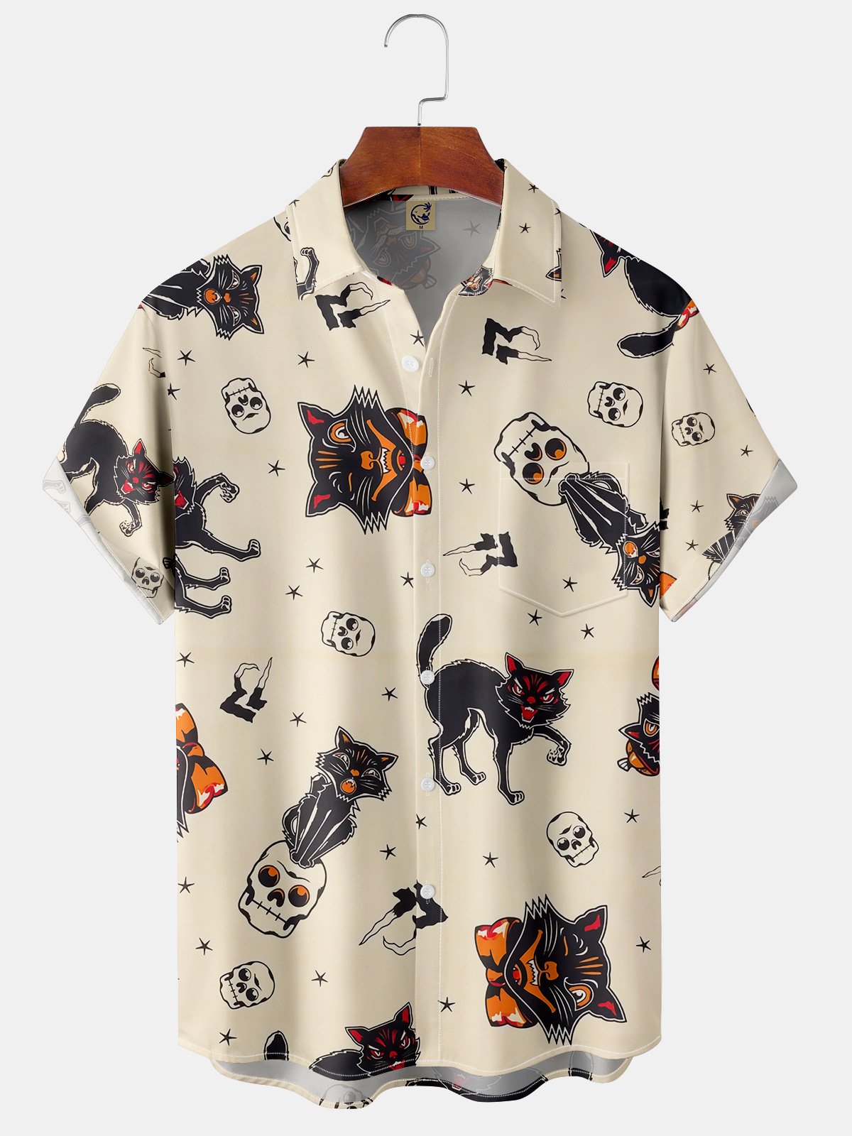 Cat Skull Breast Pocket Short Sleeve Shirt Lapel Print Top
