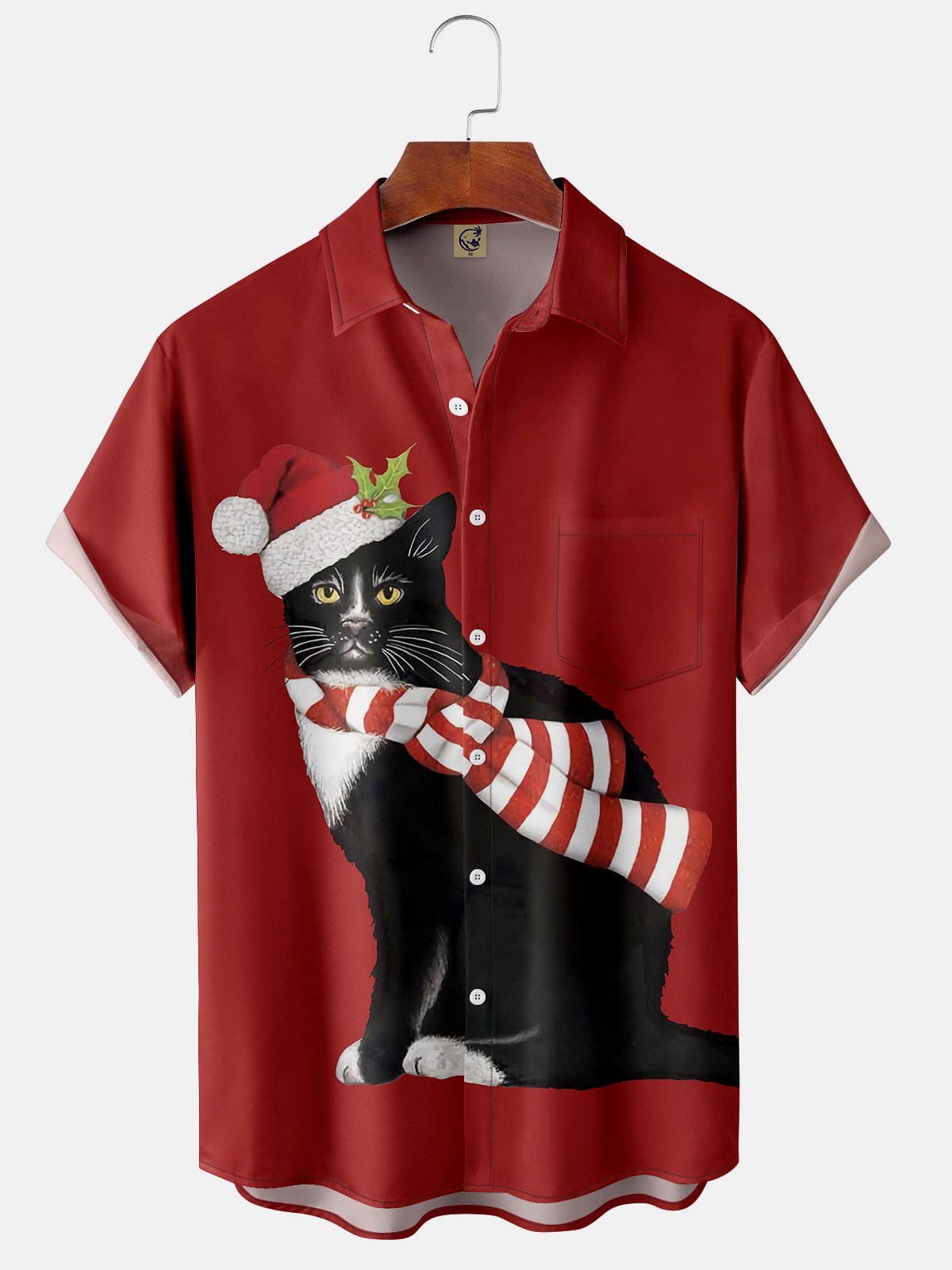 Christmas Black Cat Chest Pocket Short Sleeve Shirt