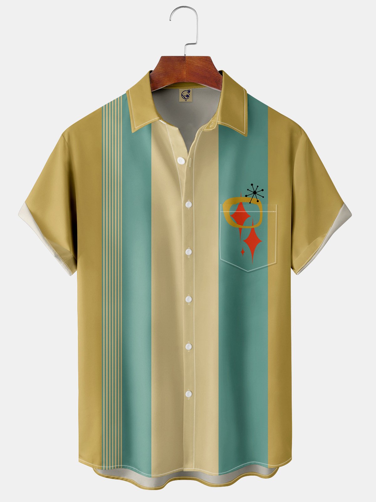 Geometric Chest Pocket Short Sleeve Bowling Shirt