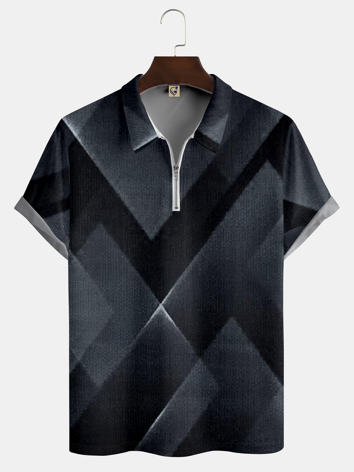 Gradient Geometric Color-Block Zip Short Sleeve Polo