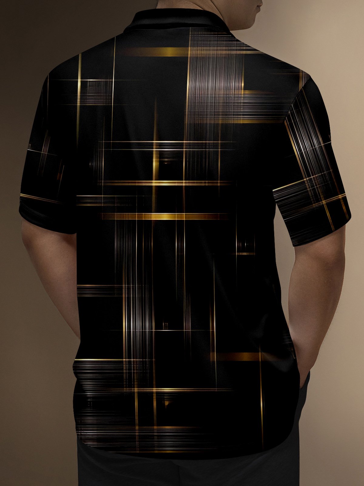 3D Gradient Black Gold Abstract Line Zipper Short Sleeve Polo Shirt