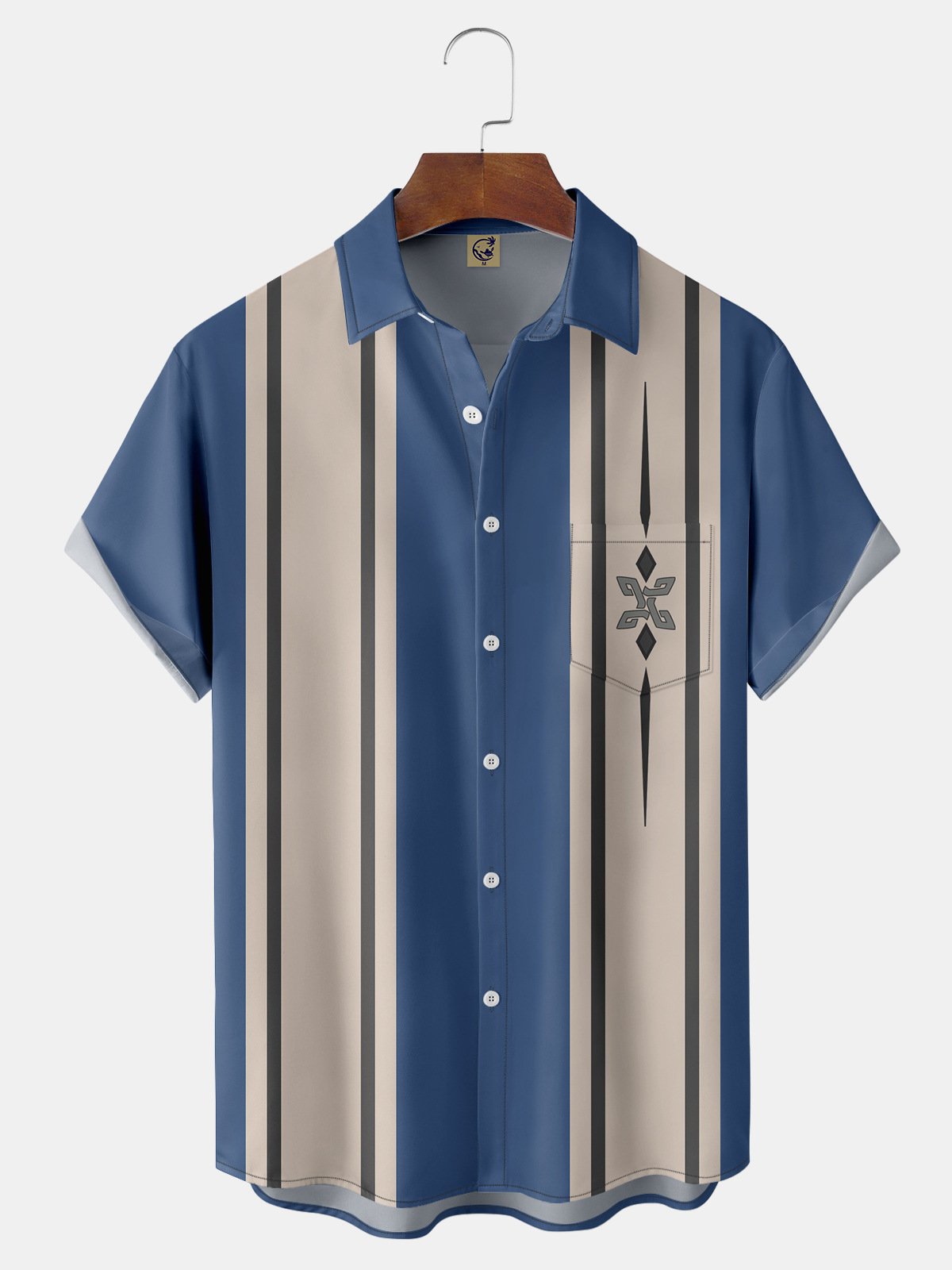 Mid Century Vintage Geometric Chest Pocket Short Sleeve Bowling Shirt