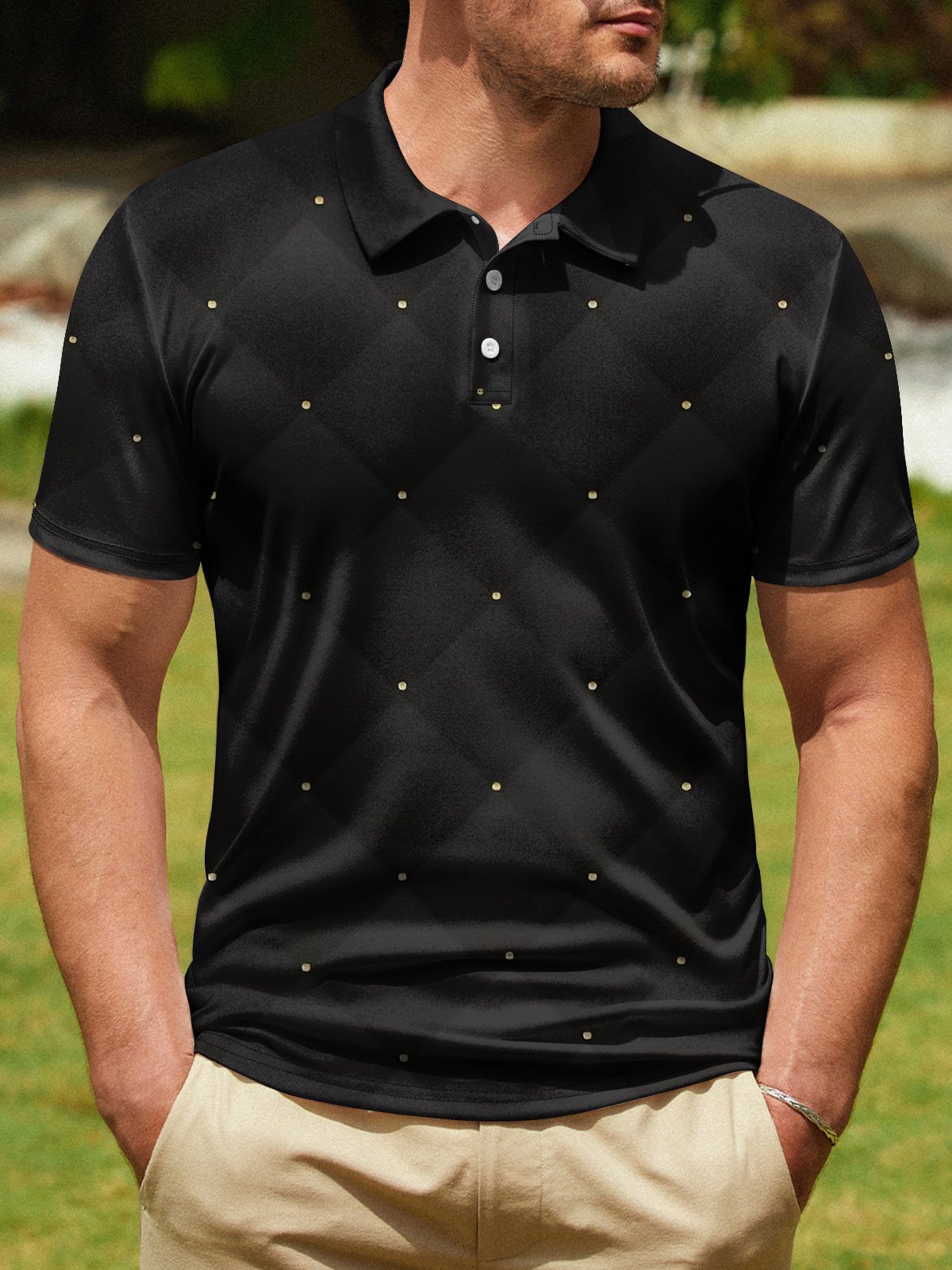 Gradient Geometric Button Short Sleeve Polo Shirt