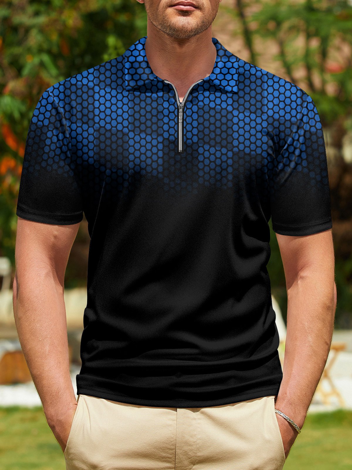 Ombre Abstract Geometric Zip Short Sleeve Polo