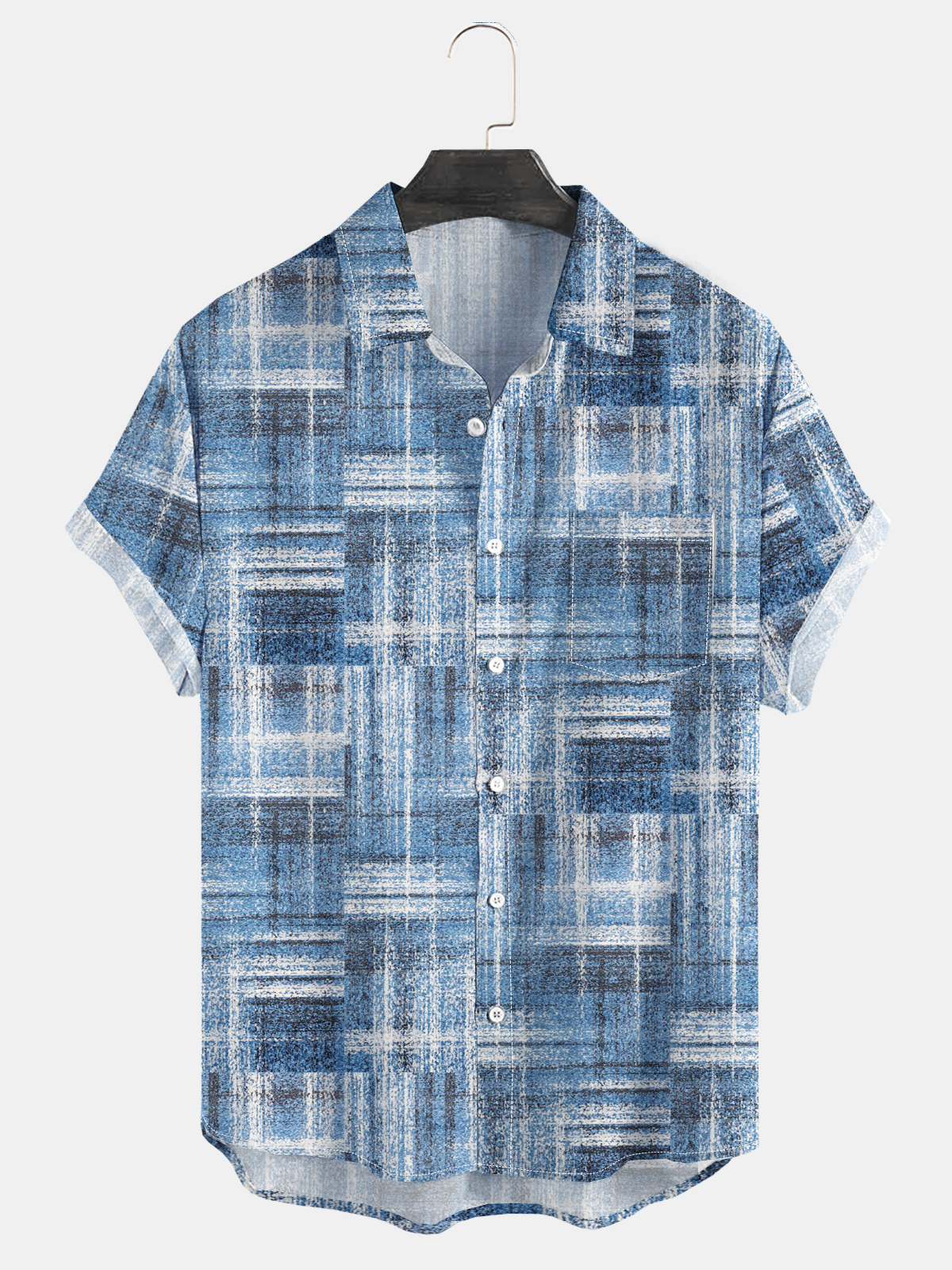 Geometric Check Chest Pocket Short Sleeve Casual Shirt