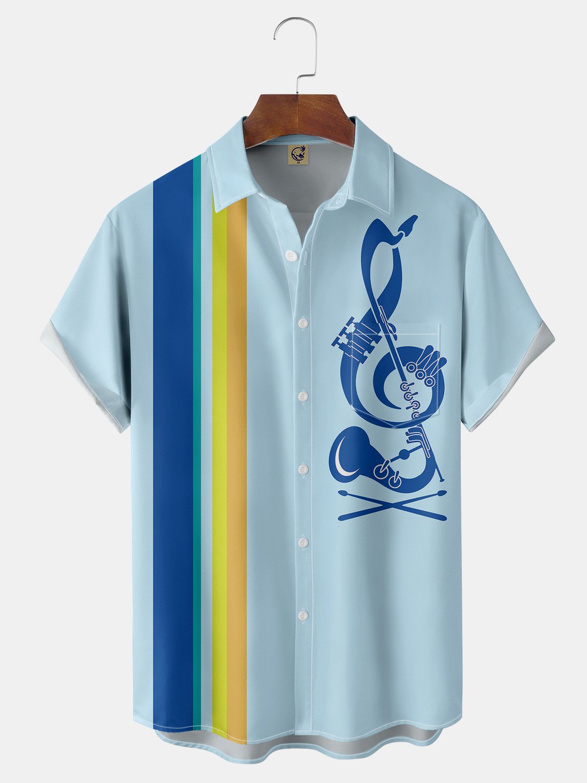 Music Contrast Chest Pocket Short Sleeve Bowling Shirt