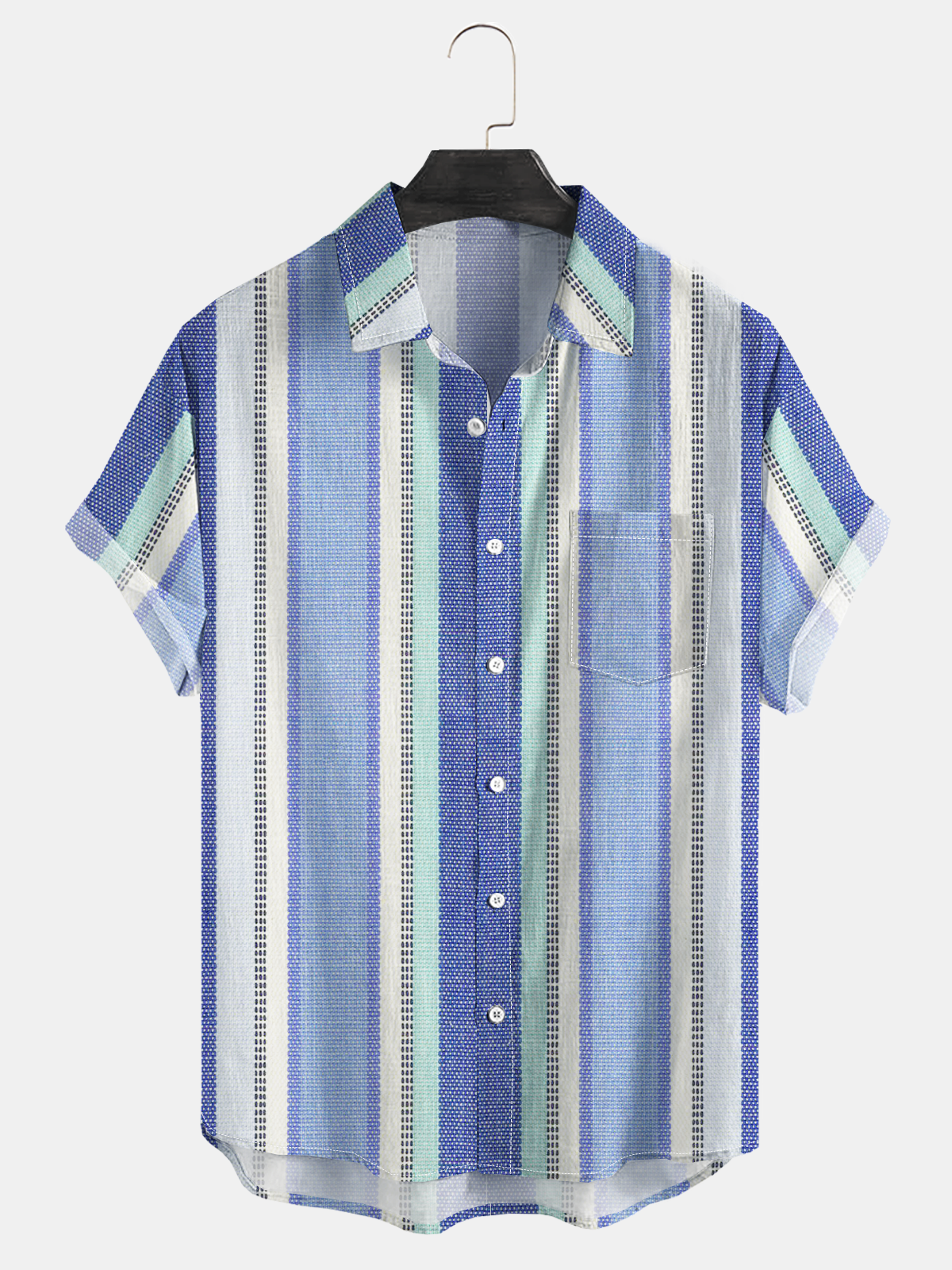 Striped Print Chest Pocket Short Sleeve Bowling Shirt