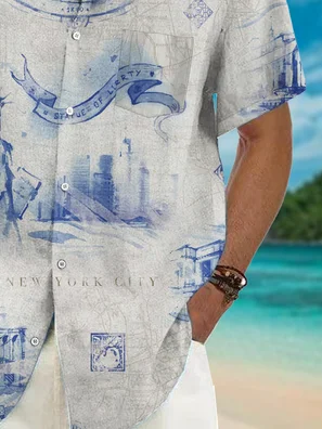 American New York Print Chest Pocket Short Sleeve Casual Shirt