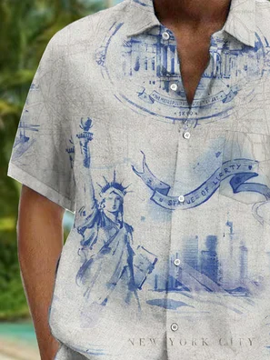 American New York Print Chest Pocket Short Sleeve Casual Shirt