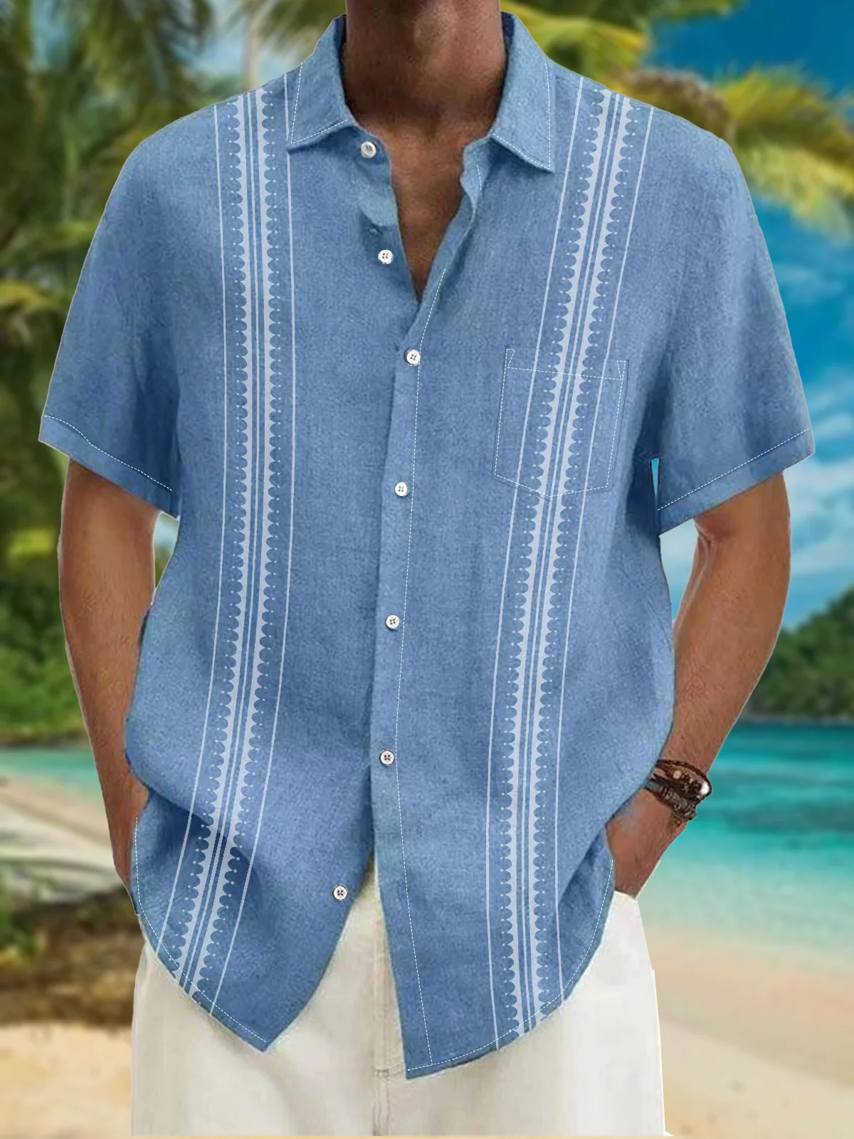 Striped Print Chest Pocket Short Sleeve Shirt