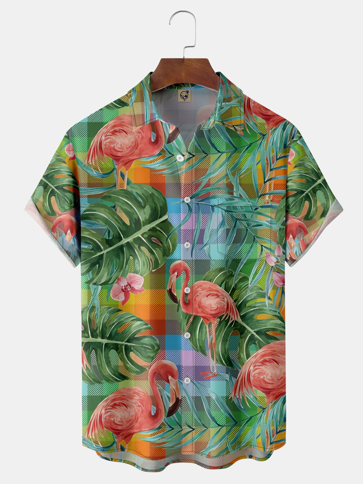 Ombre Plaid Flamingo Chest Pocket Short Sleeve Hawaiian Shirt