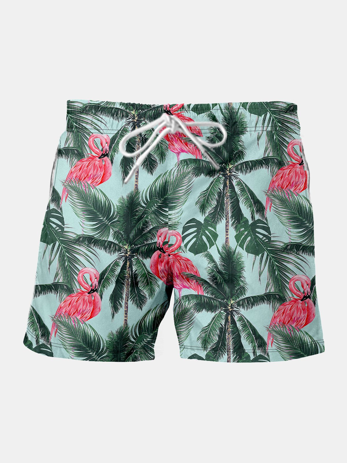 Coconut Tree Flamingo Drawstring Beach Shorts
