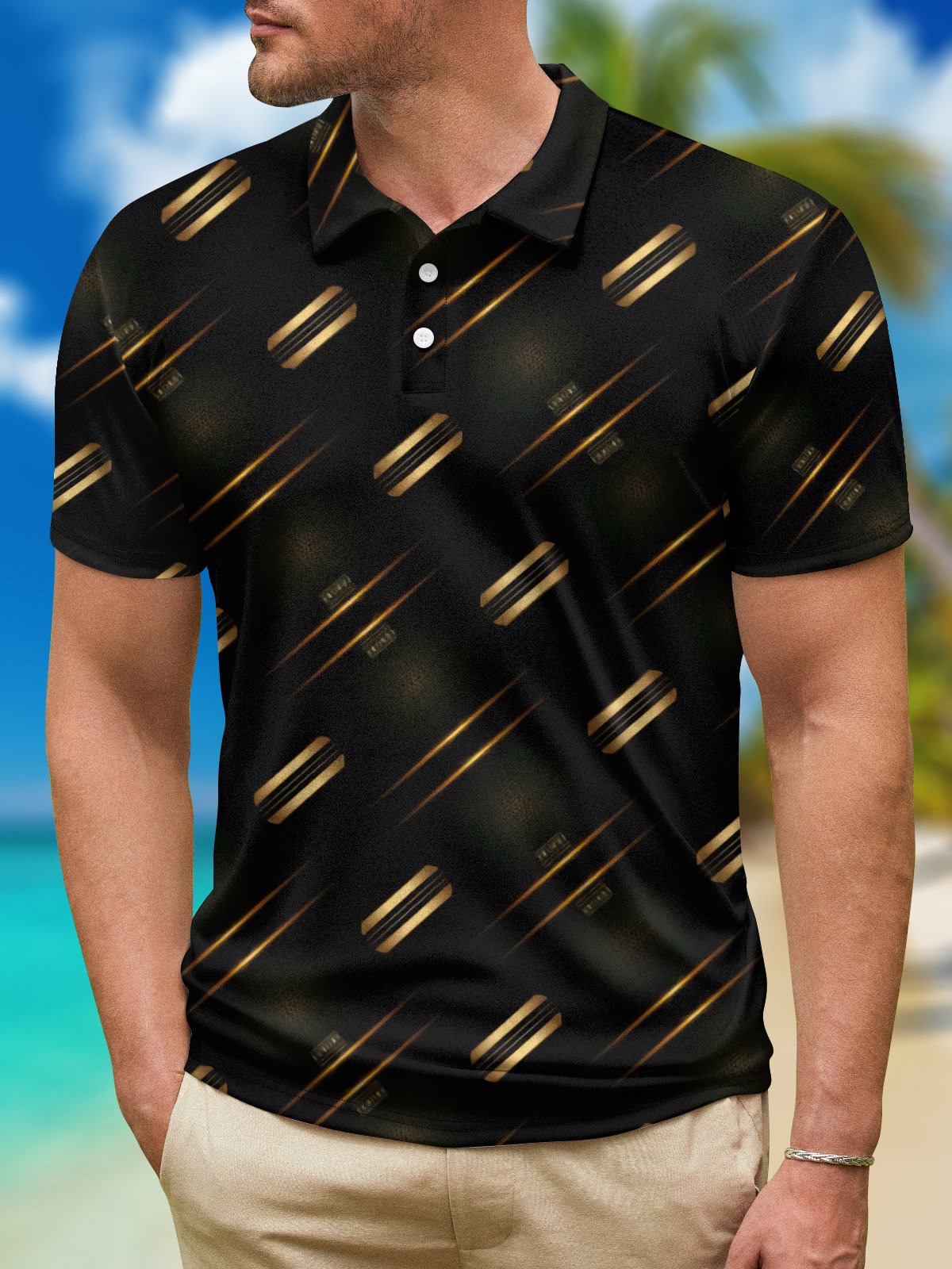 3D Black Gold Gradient Geometric Button Short Sleeve Polo Shirt
