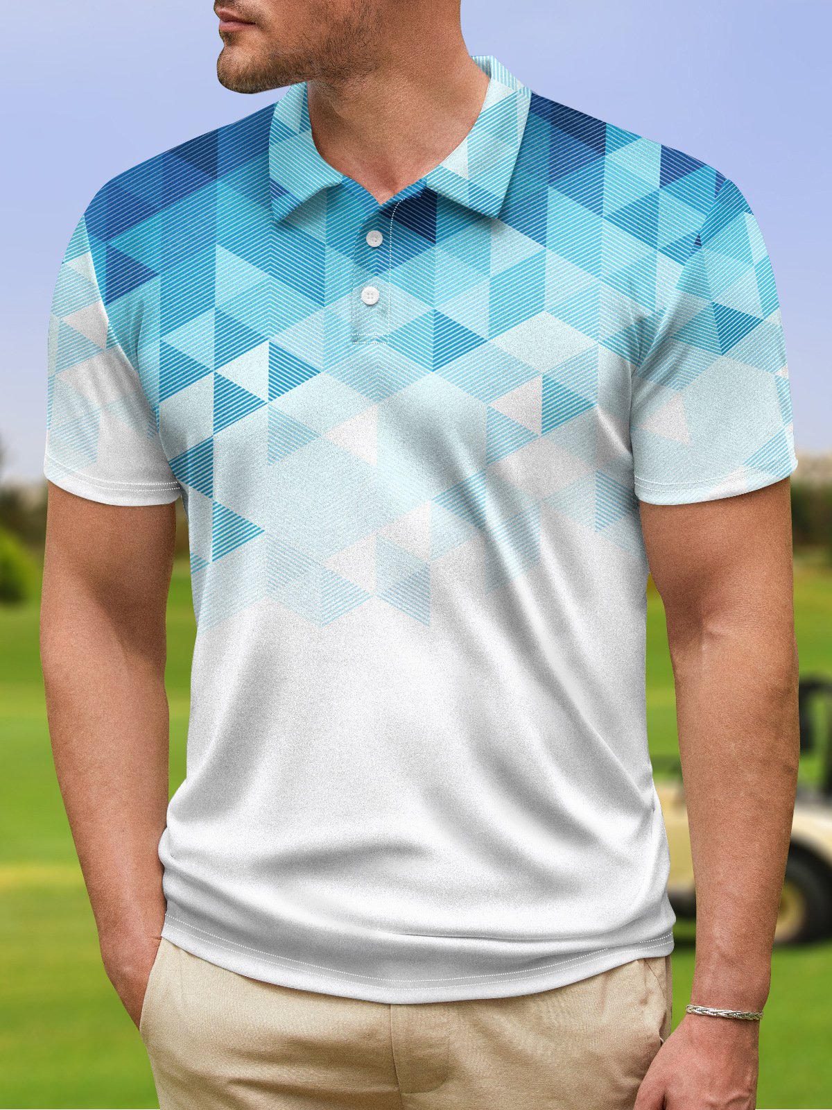 Gradient Geometric Color Block Button Short Sleeve Golf PoLo