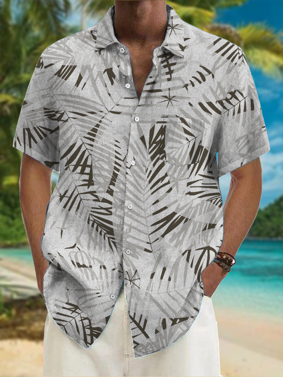 Palm Tree Chest Pocket Short Sleeve Resort Shirt