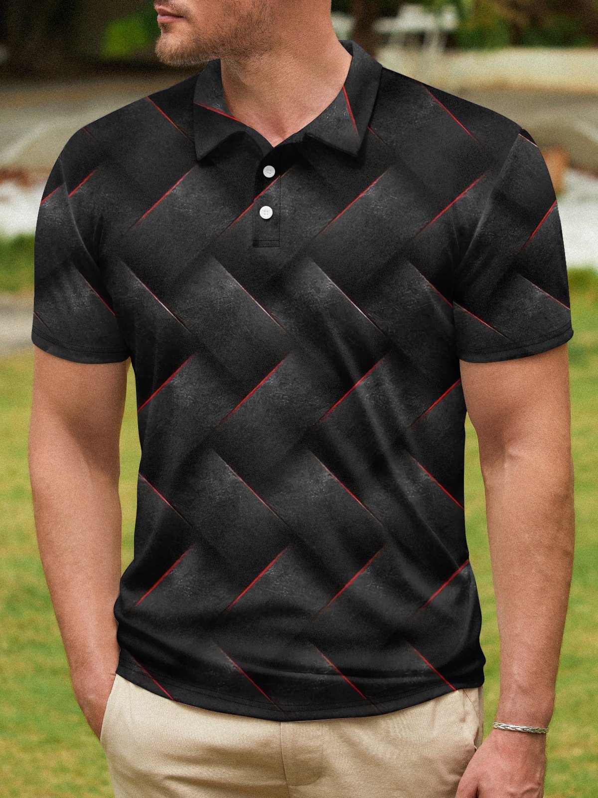 3D Geometric Button Short Sleeve Polo Shirt