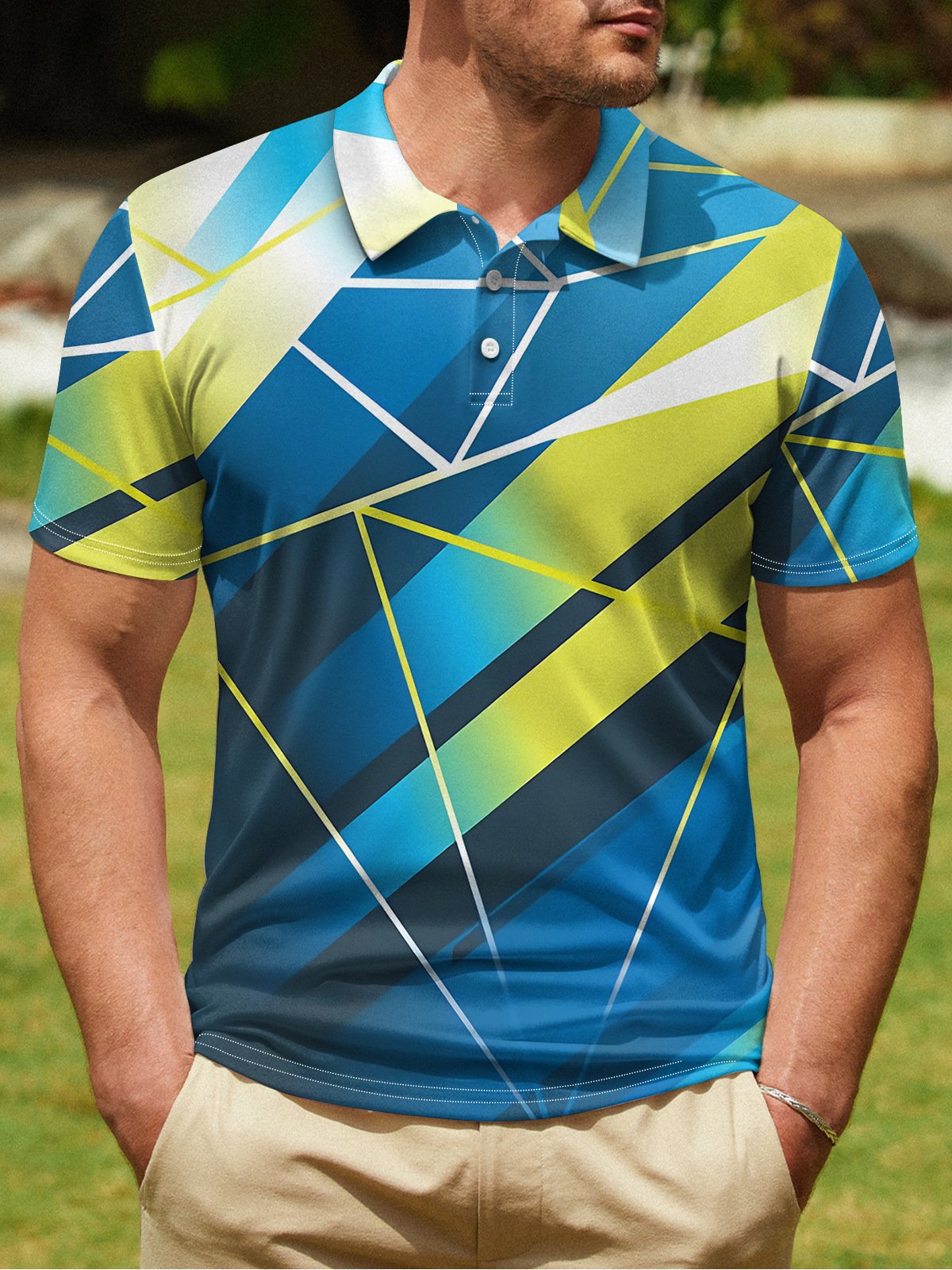 Ombre Abstract Geometric Button Short Sleeve Golf PoLo Shirt