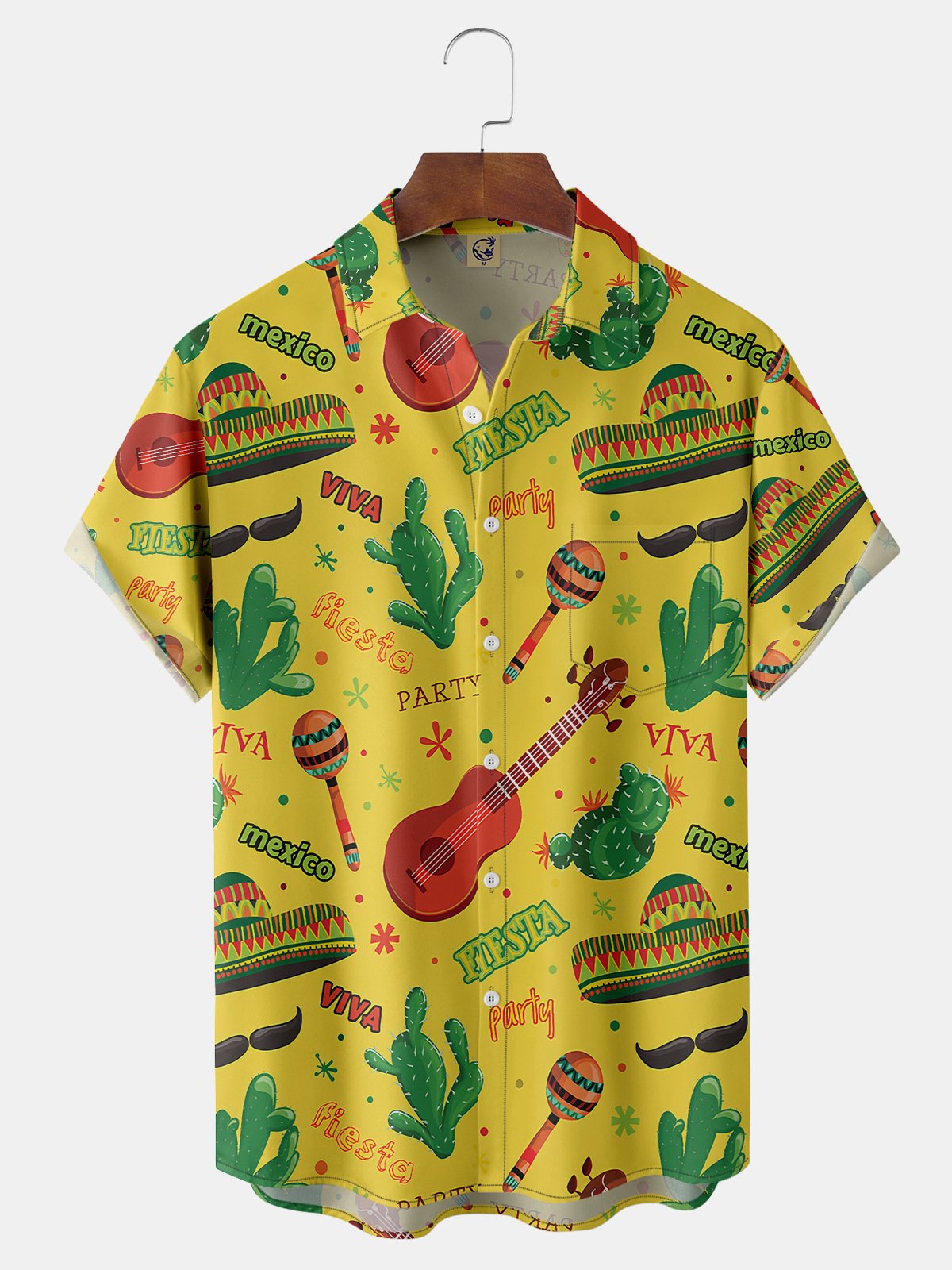 Cinco de Mayo Guitar Cactus Chest Pocket Short Sleeve Shirt