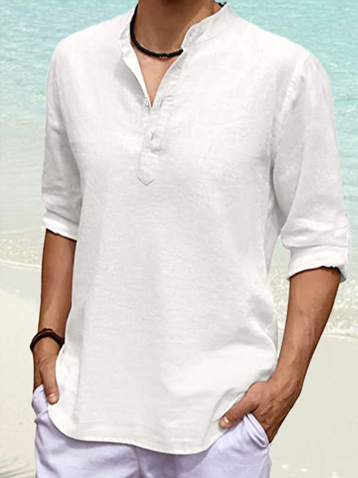 Mens Plain Cotton Linen Casual Short Sleeve Shirt