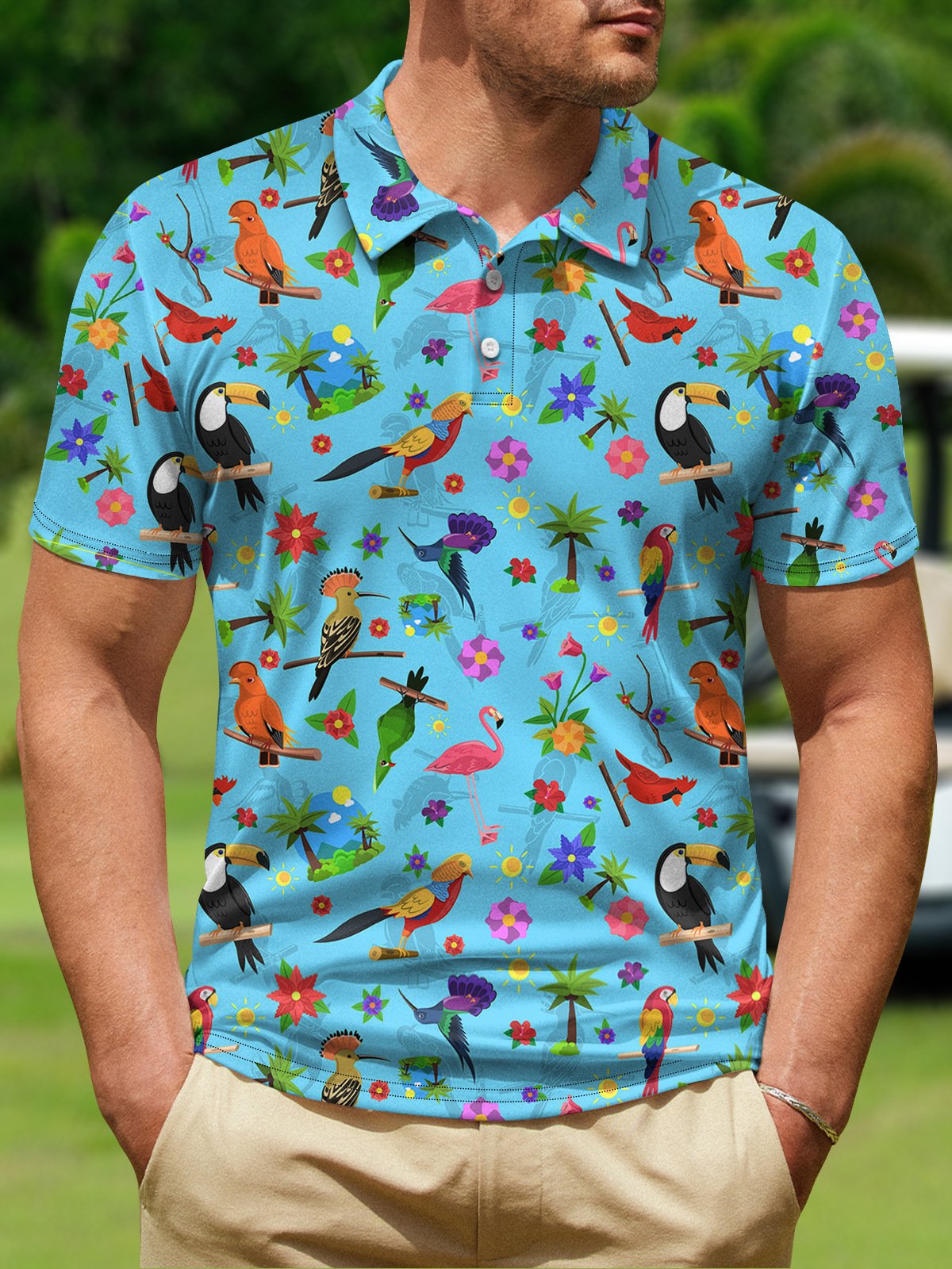 Coconut Tree Parrot Button Short Sleeve Golf PoLo Shirt