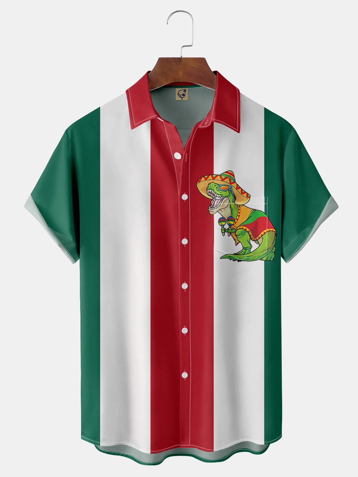 Cinco De Mayo Dinosaur Chest Pocket Short Sleeve Bowling Shirt